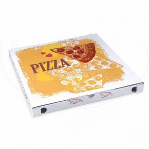 Krabice na pizzu (mikrovlnitá lepenka) C4 bílá s potiskem 34,5 x 34,5 x 3 cm [1 ks]