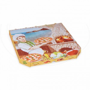 Krabice na pizzu (mikrovlnitá lepenka) E6 bílá s potiskem 33 x 33 x 3 cm [1 ks]
